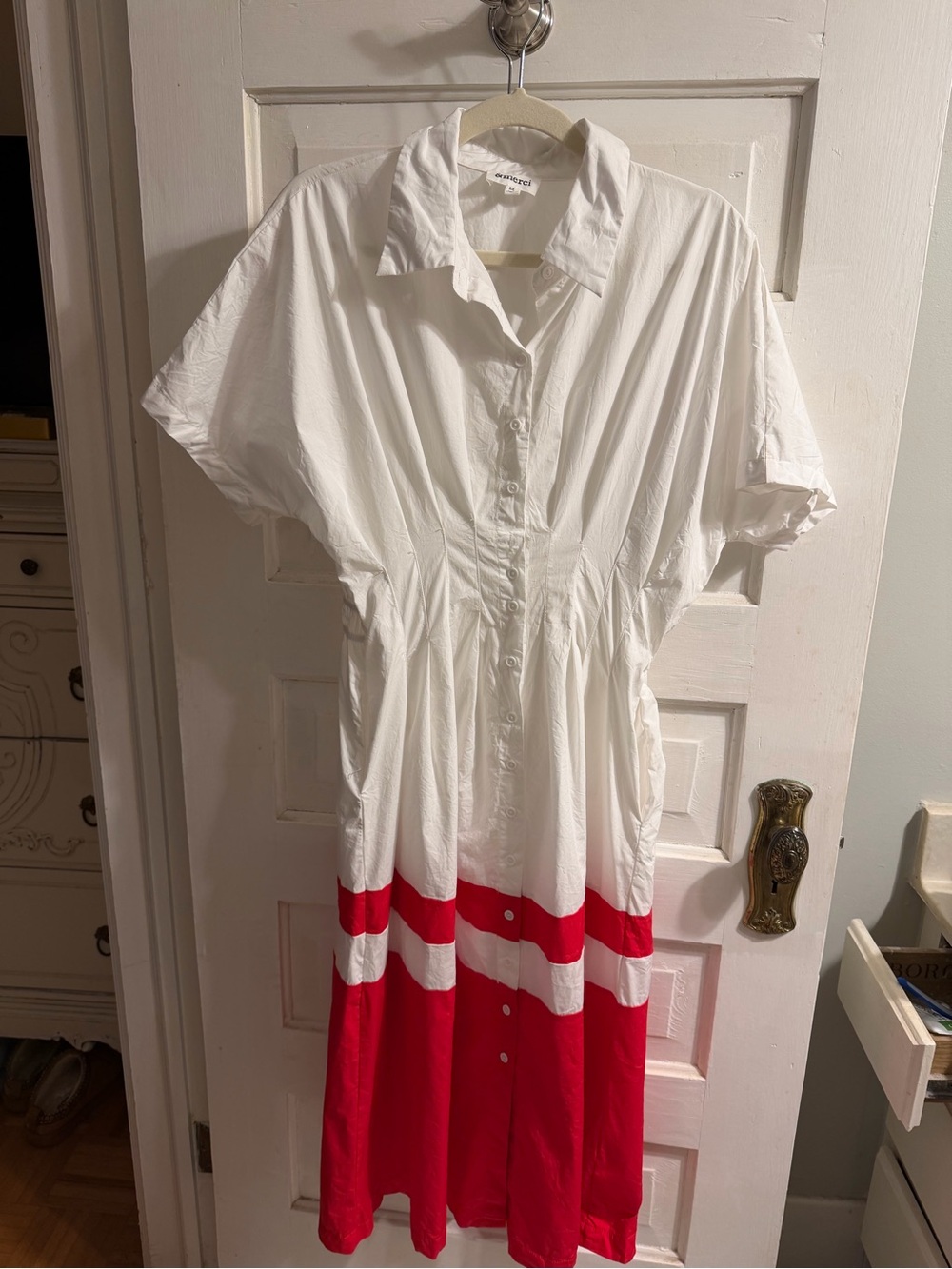 White and Red Striped Button-Front Midi Dress